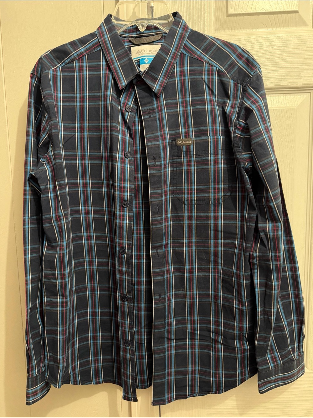 Columbia Men's Blue Plaid Button-Up Shirt with Blue and Red Accents